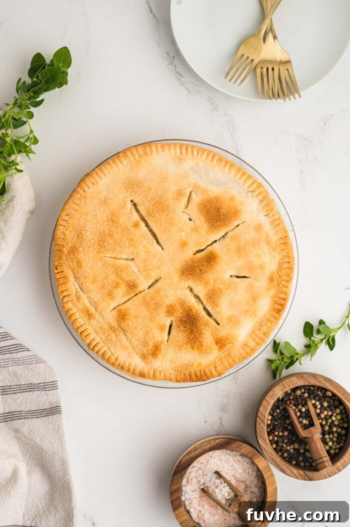 An overhead view of a beautifully baked vegan chickpea pot pie with a golden, flaky crust, featuring a few steam vents. Beside the pie, a plate holds two forks, along with small dishes of salt and pepper, hinting at a ready-to-serve meal.