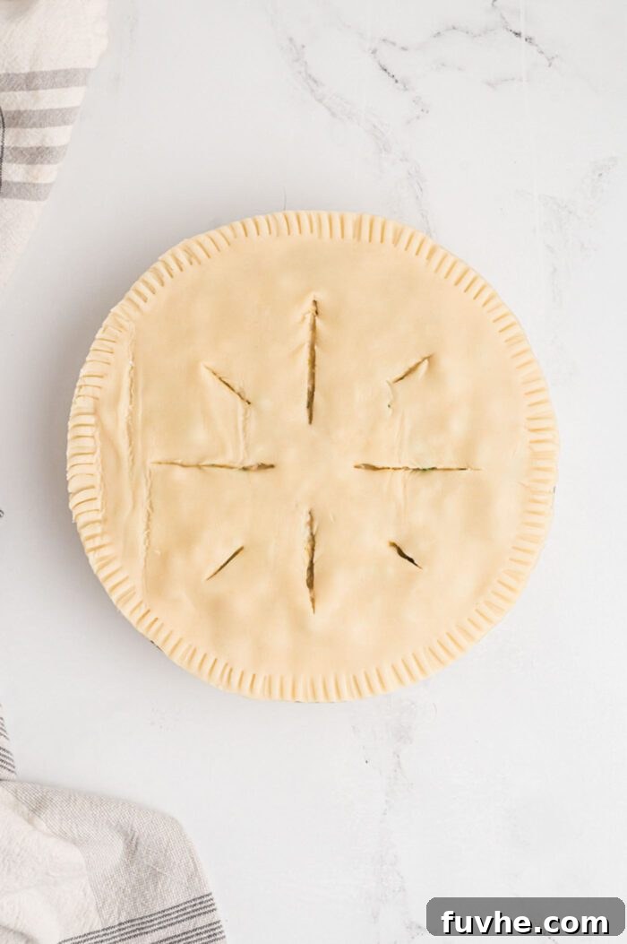 The top of an unbaked pot pie adorned with eight small, artfully arranged slits, designed to allow steam to escape during baking and create a beautiful pattern.