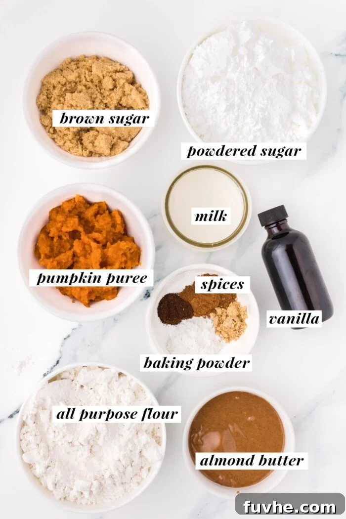 All the ingredients needed for making a vegan soft pumpkin cookie recipe. Each ingredient is labelled with text describing the ingredient and the list can be found in the corresponding blog post.