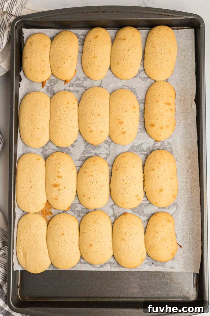 Decadent Vegan Tiramisu 11 20 homemade baked ladyfingers on a baking tray lined with parchment paper.