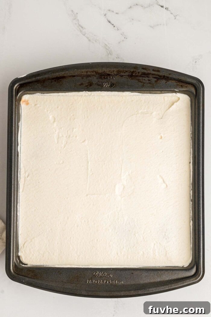 Decadent Vegan Tiramisu 19 Marscapone cream cheese spread in an even layer in a square baking pan of tiramisu cake.