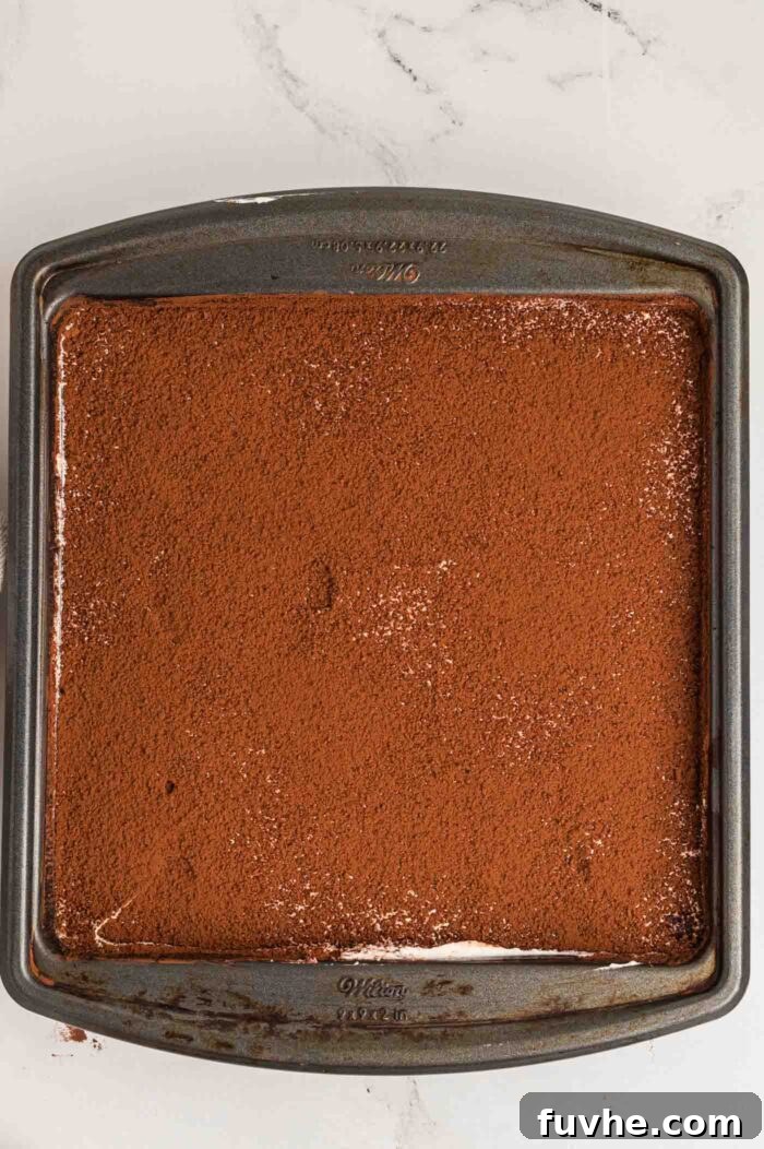 Decadent Vegan Tiramisu 20 Overhead view of an Italian tiramisu dusted with cocoa powder in a square pan.