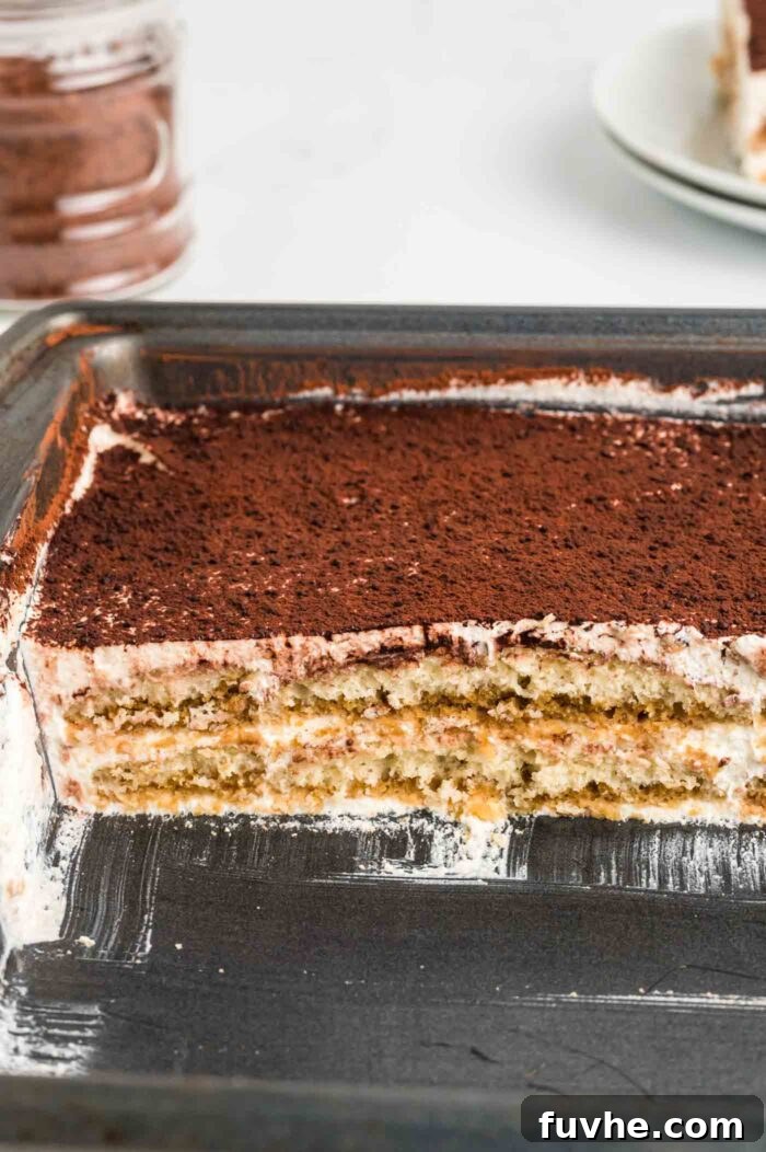 Decadent Vegan Tiramisu 21 Half of a vegan tiramisu in a pan so you can see the layers of ladyfingers and cream filling.