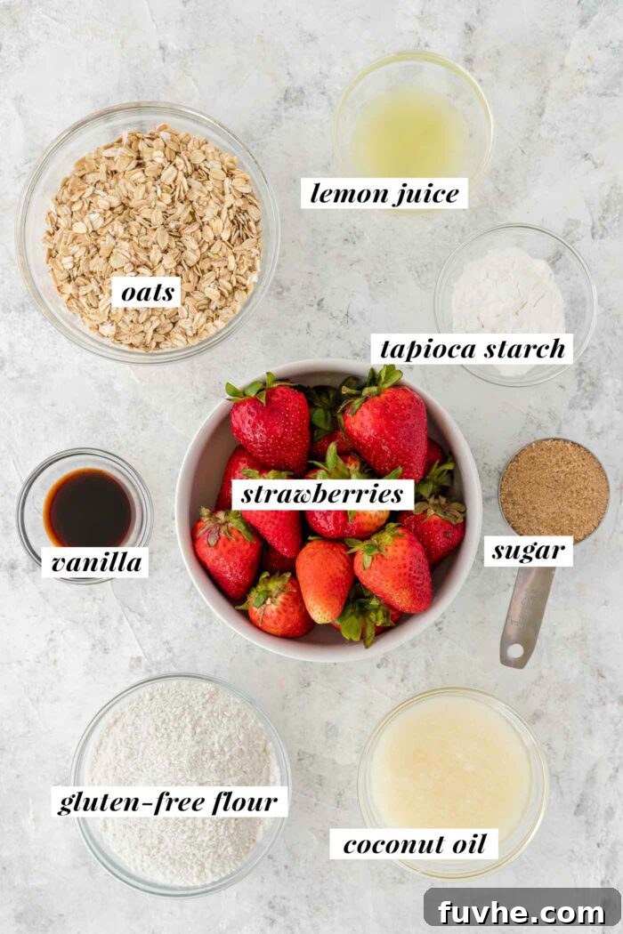 Irresistible Vegan Strawberry Crumble Bars 3 Bowls of raw ingredients for strawberry oatmeal bars, including oats, gluten-free flour, brown sugar, coconut oil, fresh strawberries, and tapioca starch, arranged neatly on a kitchen counter.