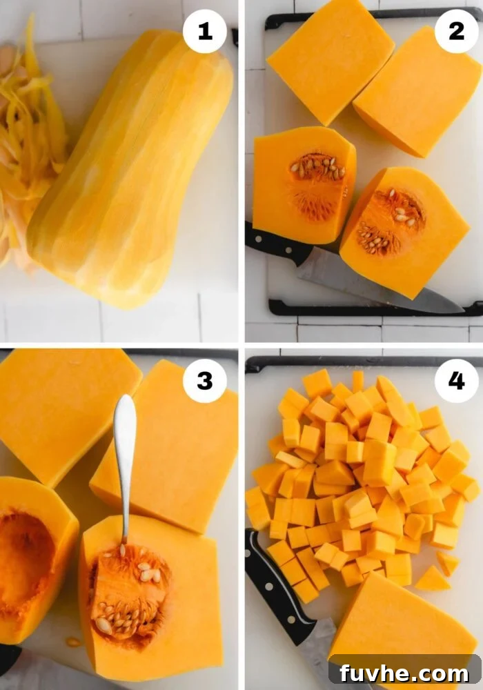 Collage demonstrating the process of how to peel, remove seeds, and expertly dice a butternut squash into uniform pieces, ready for roasting.