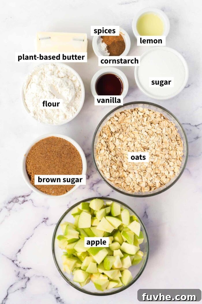 A curated display of all the necessary ingredients for crafting a delicious vegan apple crumble bar recipe, neatly labeled for clarity.