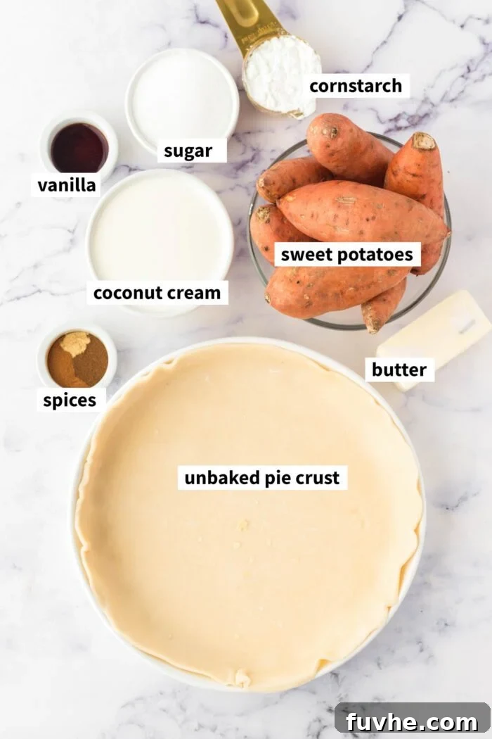 All of the ingredients for making a vegan sweet potato pie gathered up. Each ingredient is in a bowl and labelled with text describing the ingredient.