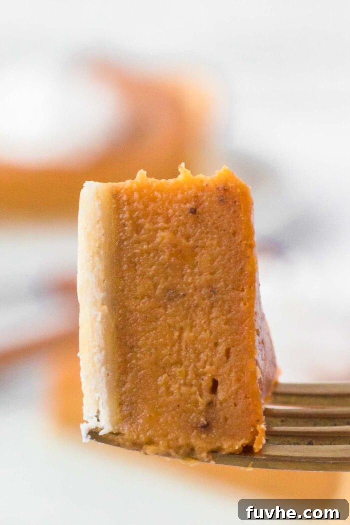 Close up of a bite of sweet potato pie on a fork.