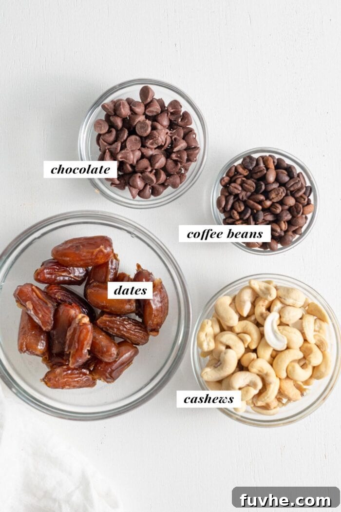 Cashews, chocolate chips, dates and coffee beans in bowls. Each is labelled with text overlay.