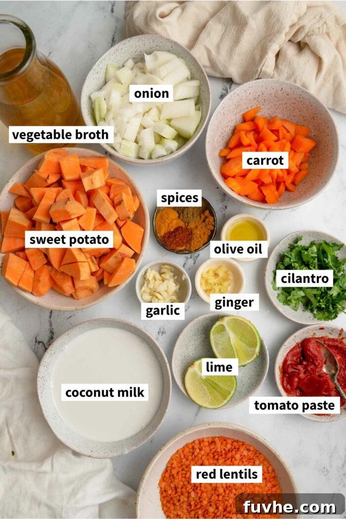 Ingredients for making a sweet potato lentil soup. Each ingredient is labelled with text.