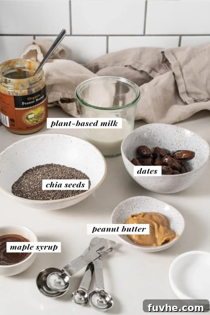 A beautiful visual display of all the key ingredients needed for making a creamy and delicious peanut butter chia pudding, clearly labelled for ease of use.