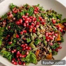 Rustic Wild Rice Salad 9 A bowl of colourful wild rice salad topped with pomegranate arils and pumpkin seeds.