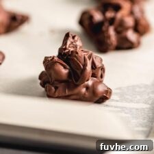 Irresistible Nutty Clusters 9 A close-up shot of a single, perfectly formed chocolate nut cluster, glistening with rich chocolate and studded with crunchy nuts, resting on a sheet of parchment paper.