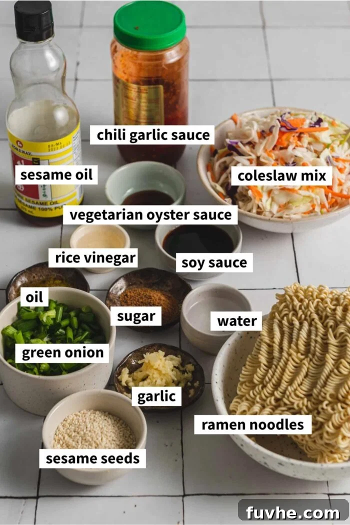 All the ingredients needed for making a ramen noodle stir fry recipe. Each ingredient is labelled with text overlay.