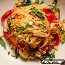 A bowl of Thai red curry noodles with bell pepper and cabbage, topped with basil and peanuts.