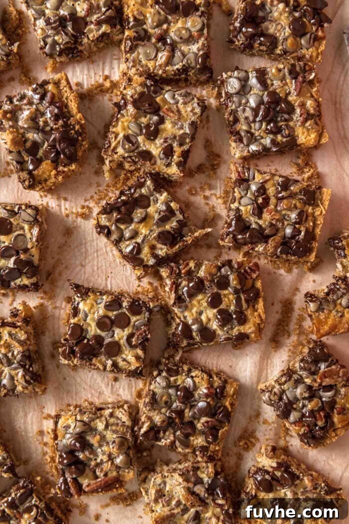 An overhead shot of numerous vegan 7 layer cookie bars arranged on a counter, showcasing their generous toppings of chocolate chips, shredded coconut, and chopped pecans over a golden crust.