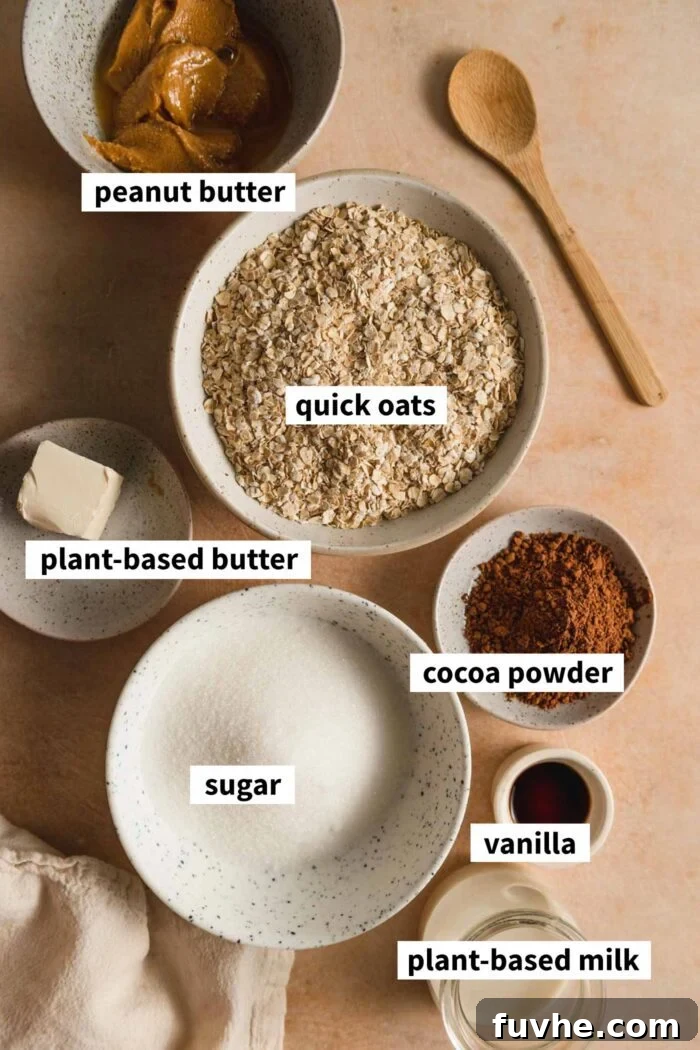 Effortless Vegan Cookie Delights 3 The seven key ingredients for no-bake chocolate oatmeal cookies, neatly arranged and ready for preparation.