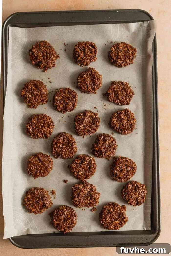 Effortless Vegan Cookie Delights 6 Twenty perfectly shaped classic chocolate no-bake oatmeal cookies neatly arranged on a baking sheet, ready for chilling.