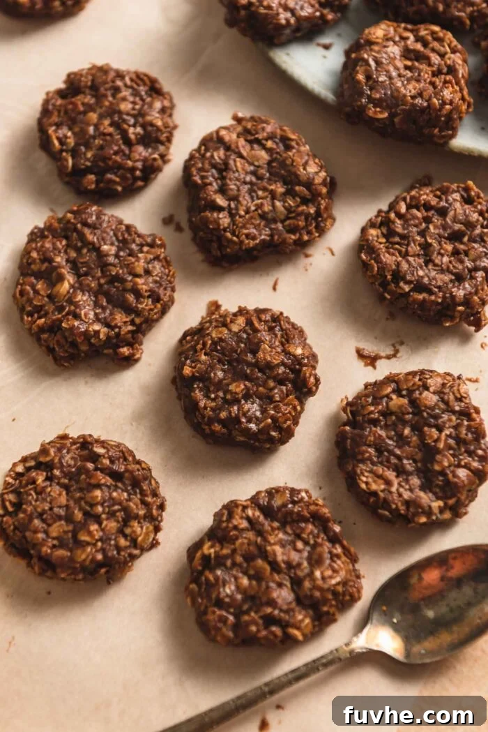 Effortless Vegan Cookie Delights 7 An inviting overhead view of several vegan chocolate no-bake cookies spread out on a countertop, with a small spoon nearby, suggesting readiness to be savored.