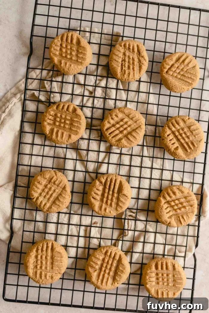 12 baked peanut butter cookies with a crisscross pattern on top cooling on a baking rack.