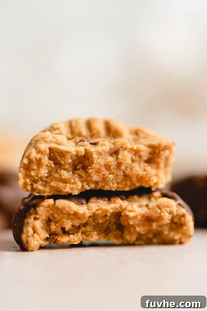 Two halves of a chocolate-coated peanut butter cookie stacked on top of each other so you can see the inside texture of the cookie.