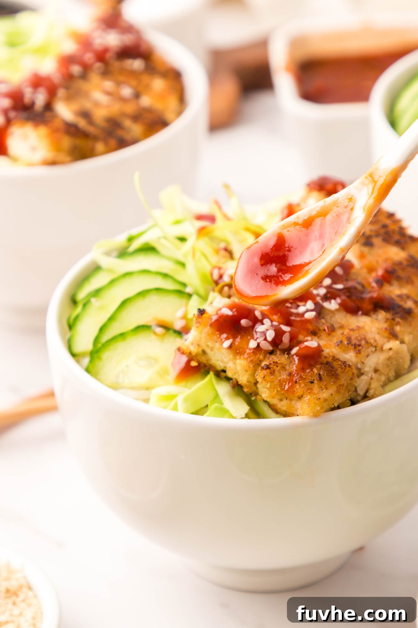 Another perspective of the finished tofu katsu bowl, highlighting the vibrant colors and appealing presentation of the plant-based meal.