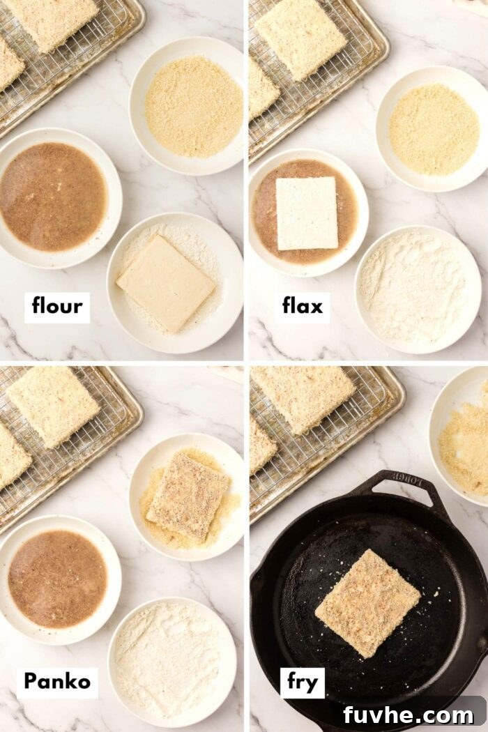 A visual guide showing the process of breading tofu slabs in flour and Panko, followed by pan-frying them to a golden crisp.