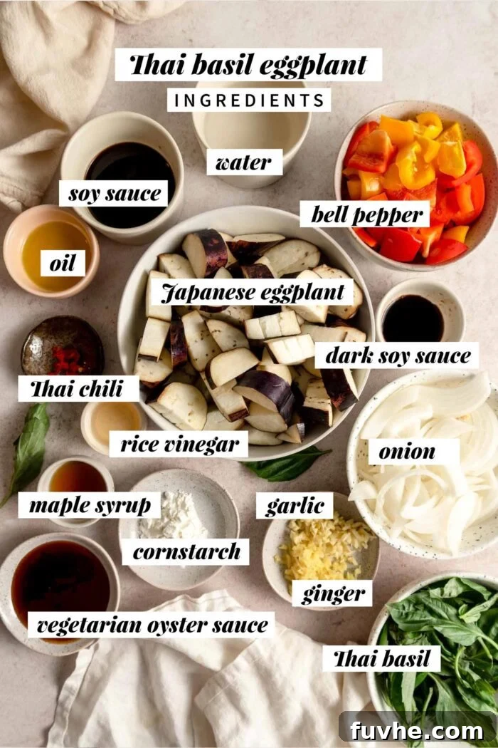 All of the ingredients needed for making a Thai basil eggplant recipe with a stir fry sauce, bell peppers and onions.