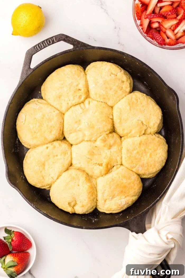 Heavenly Vegan Strawberry Shortcake 13 Ten golden-brown, baked biscuits, perfectly risen and packed snugly into a cast iron skillet, freshly out of the oven.
