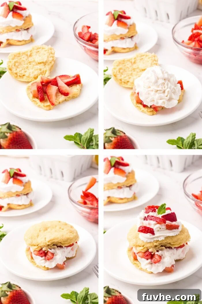 Heavenly Vegan Strawberry Shortcake 14 A visual collage illustrating the simple steps to assemble a perfect strawberry shortcake: slicing a biscuit, adding strawberries and whipped cream to the bottom half, then topping with the other biscuit half and more cream and berries.