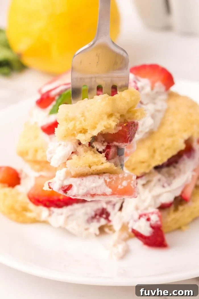 Heavenly Vegan Strawberry Shortcake 15 A fork holding a perfect bite of vegan strawberry shortcake, showcasing a fluffy biscuit, creamy whipped cream, and juicy strawberry piece, ready to be enjoyed.