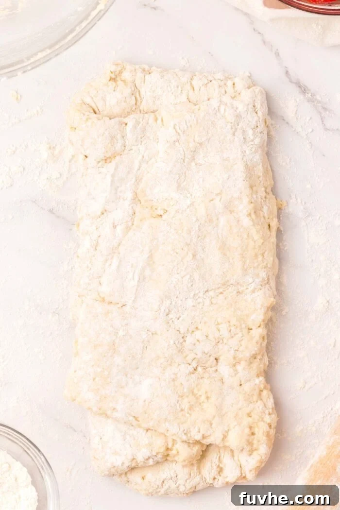 Heavenly Vegan Strawberry Shortcake 10 A rectangle of biscuit dough resting on a lightly floured marble surface, demonstrating the ready-to-fold or freshly folded state.