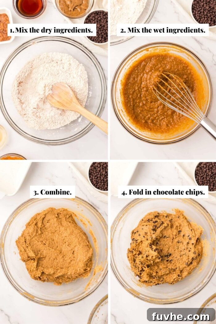 Spiced Vegan Pumpkin Chocolate Chip Bars 4 Collage of images showing the process of mixing ingredients for vegan pumpkin chocolate chip bars.