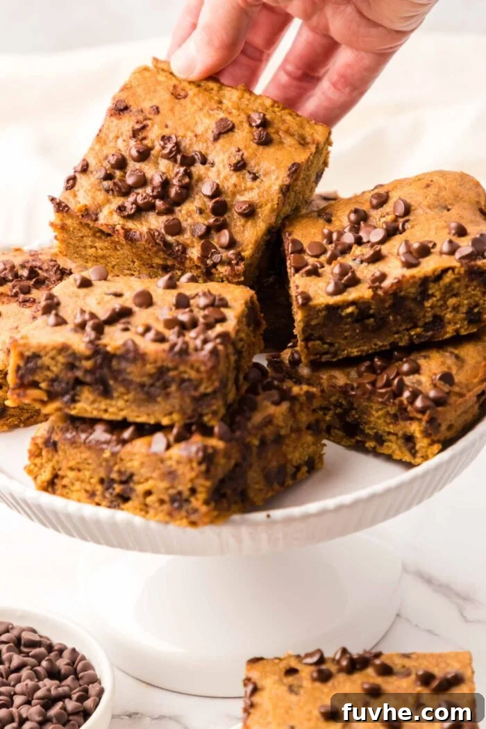 Spiced Vegan Pumpkin Chocolate Chip Bars 7 A hand lifting a square of vegan pumpkin chocolate chip bar from a platter, showing its tempting interior.