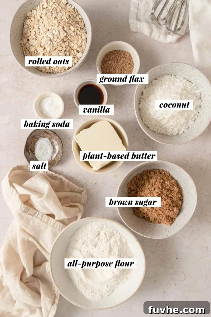 All the individual ingredients required for making a batch of coconut oatmeal cookies, neatly arranged in separate bowls and clearly labeled for easy identification, set against a rustic backdrop.