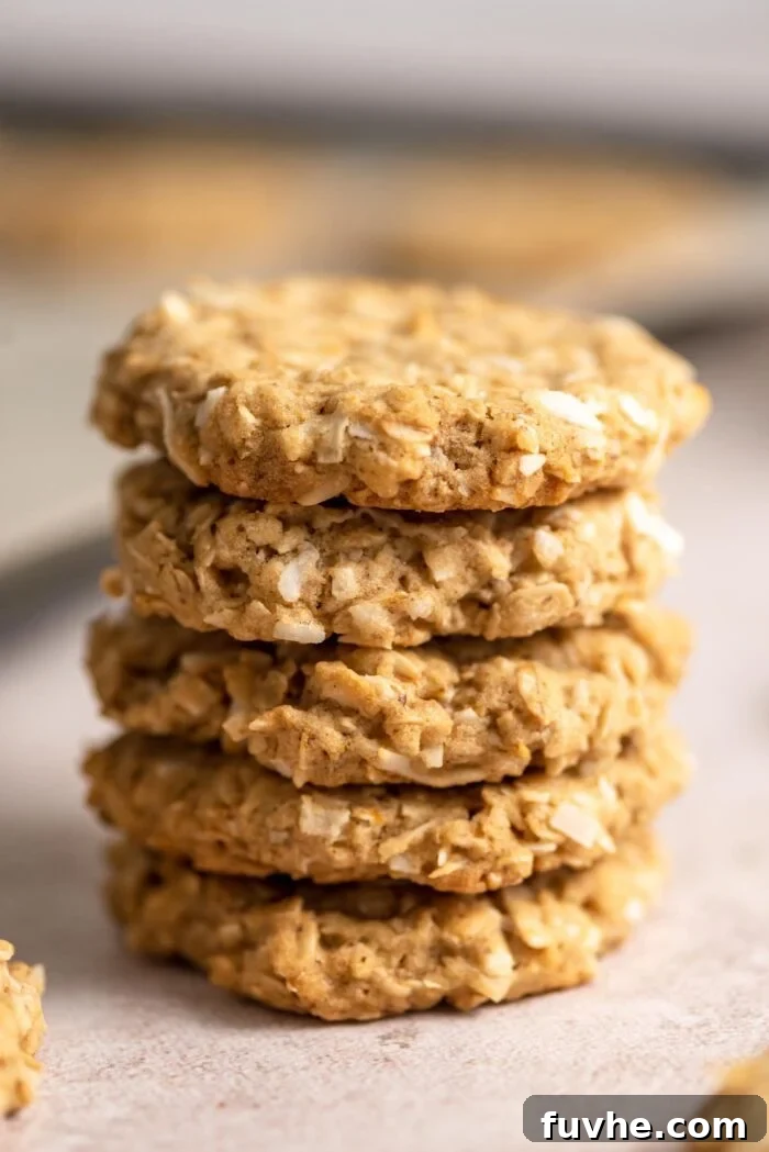 A perfectly arranged stack of 5 crispy vegan coconut oatmeal cookies, highlighting their golden-brown color and inviting texture.