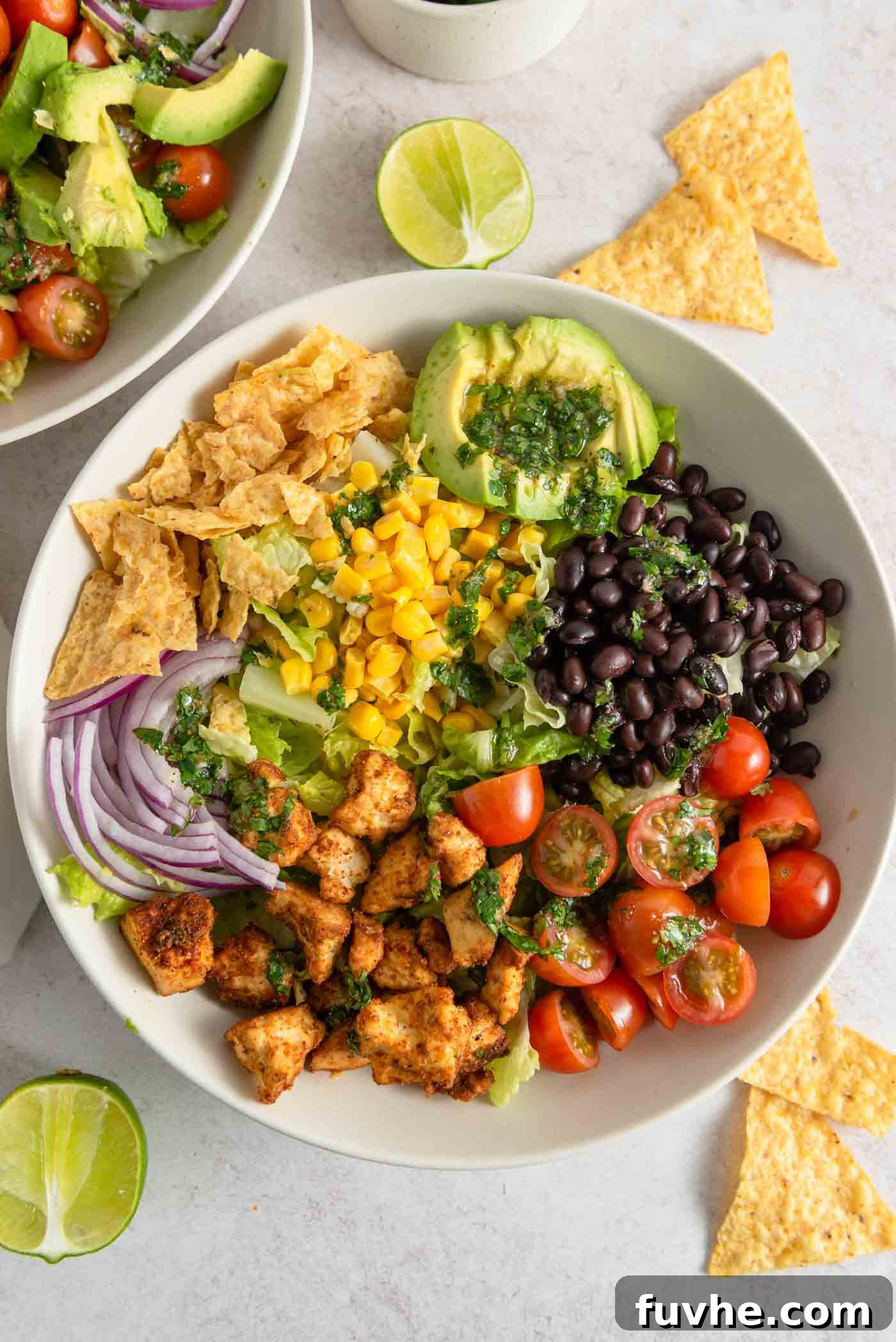 Overhead view into a healthy vegan Santa Fe salad bowl, beautifully arranged with golden crispy tofu, sweet corn, creamy avocado slices, hearty black beans, juicy cherry tomatoes, and thinly sliced red onion, all garnished with crumbled tortilla chips.