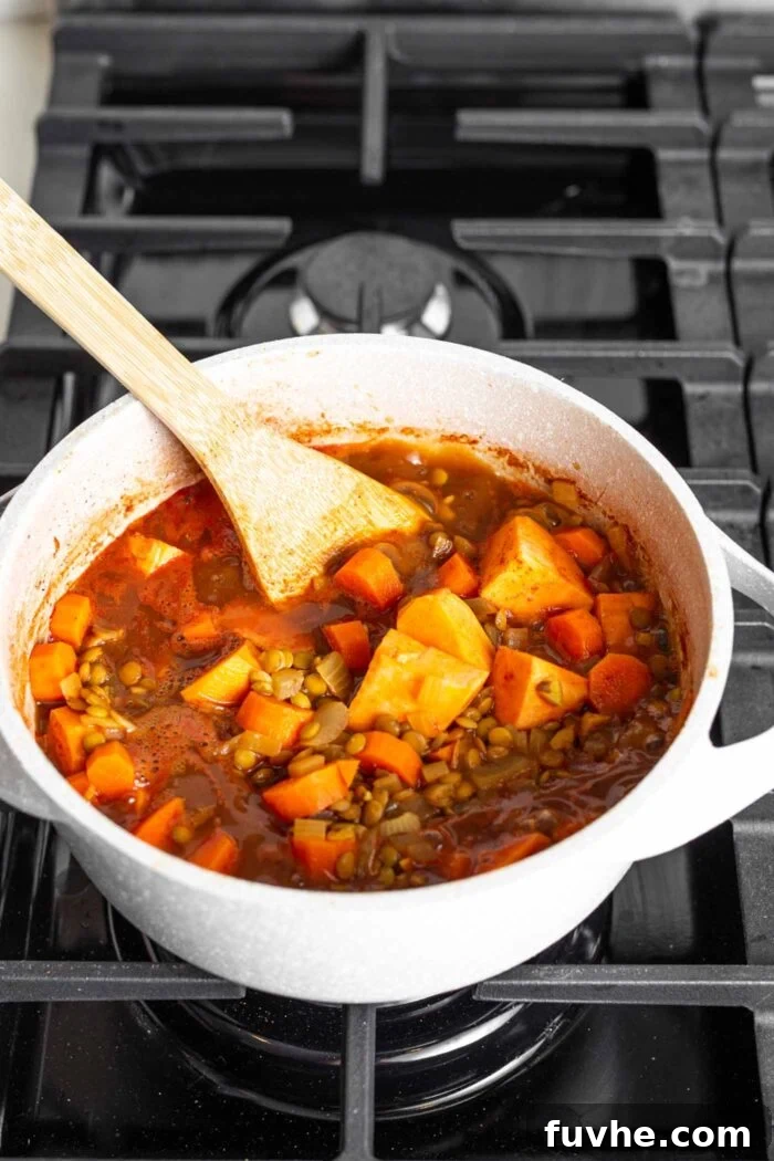 A thick tomato lentil stew cooking on a gas range stove.
