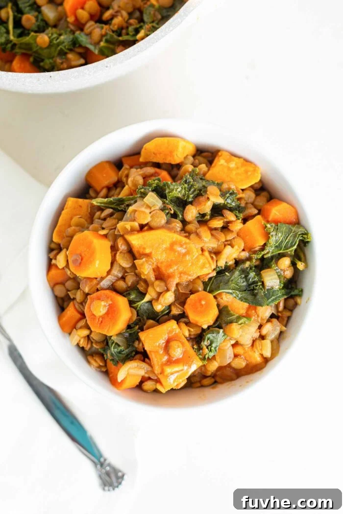 Overhead image of a bowl of sweet potato lentil stew with kale mixed into it.