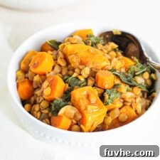 A bowl of sweet potato lentil stew with kale mixed into it.