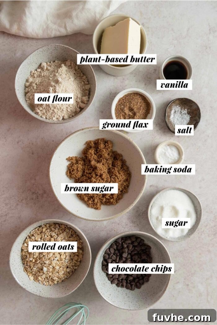 Wholesome Vegan Oatmeal Bars 3 Ingredients for oatmeal cookie bars gathered in various bowls and each labelled with text overlay.