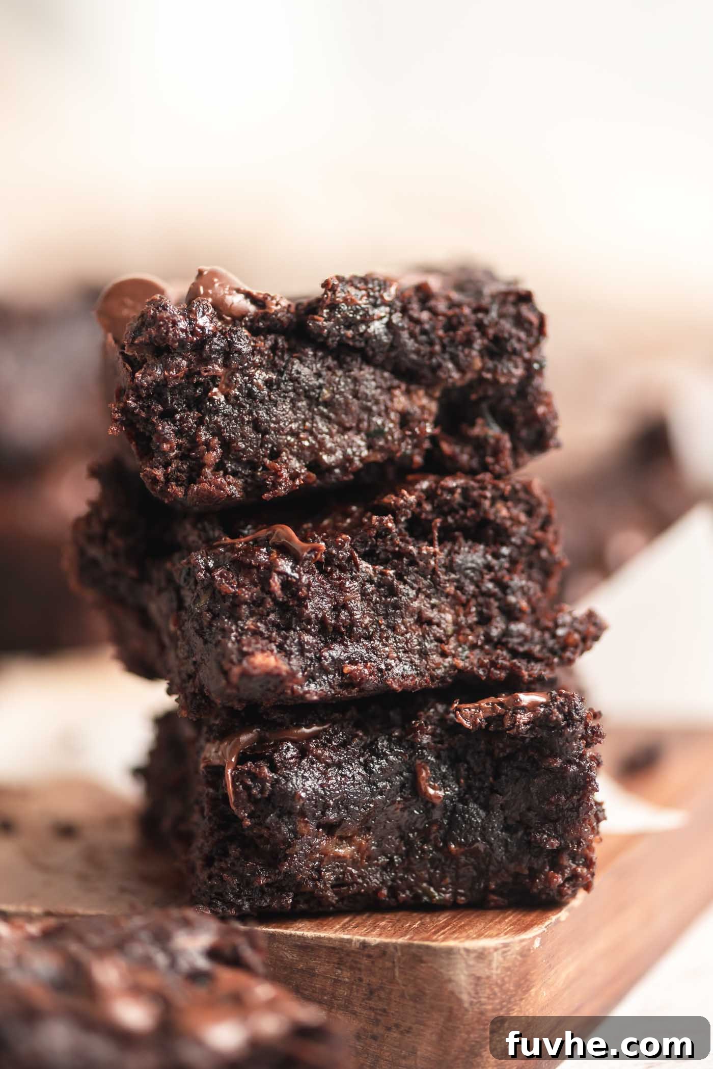 A stack of 3 fudgy vegan zucchini brownies with chocolate chips on a rustic wooden surface.