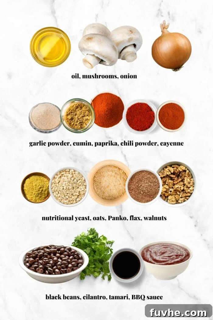 A visual collage of all the fresh produce and dry ingredients neatly arranged and labeled, showcasing everything needed for the vegan mushroom veggie burger recipe.