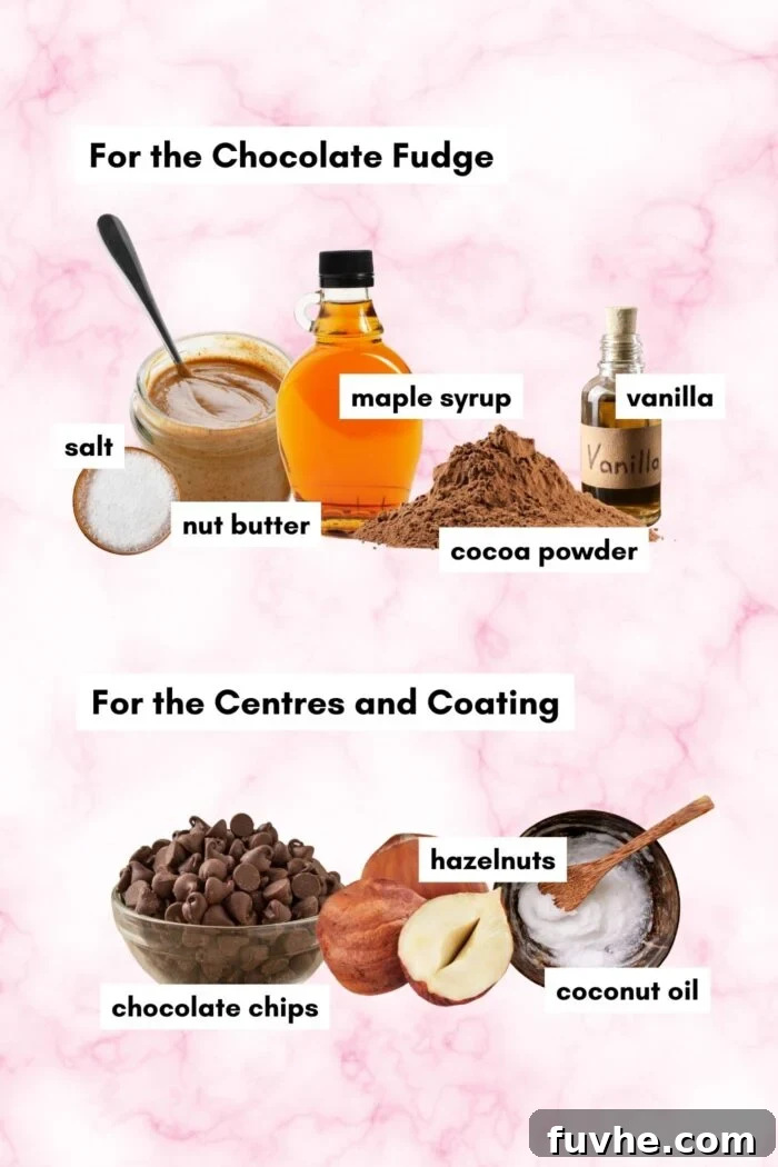 All the ingredients needed for making a vegan ferrero rocher recipe. Each ingredient is labelled with text.