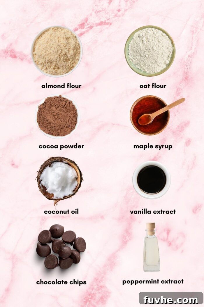 All the ingredients needed for making a homemade Thin Mint cookie recipe, each labelled with text and corresponding to the recipe card on the page.