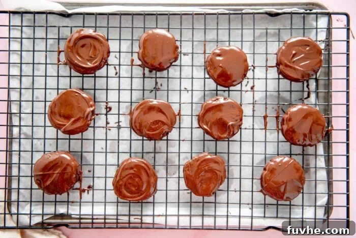 12 chocolate coated cookies on a baking rack placed over a baking sheet, allowing excess chocolate to drip off and the coating to set evenly.