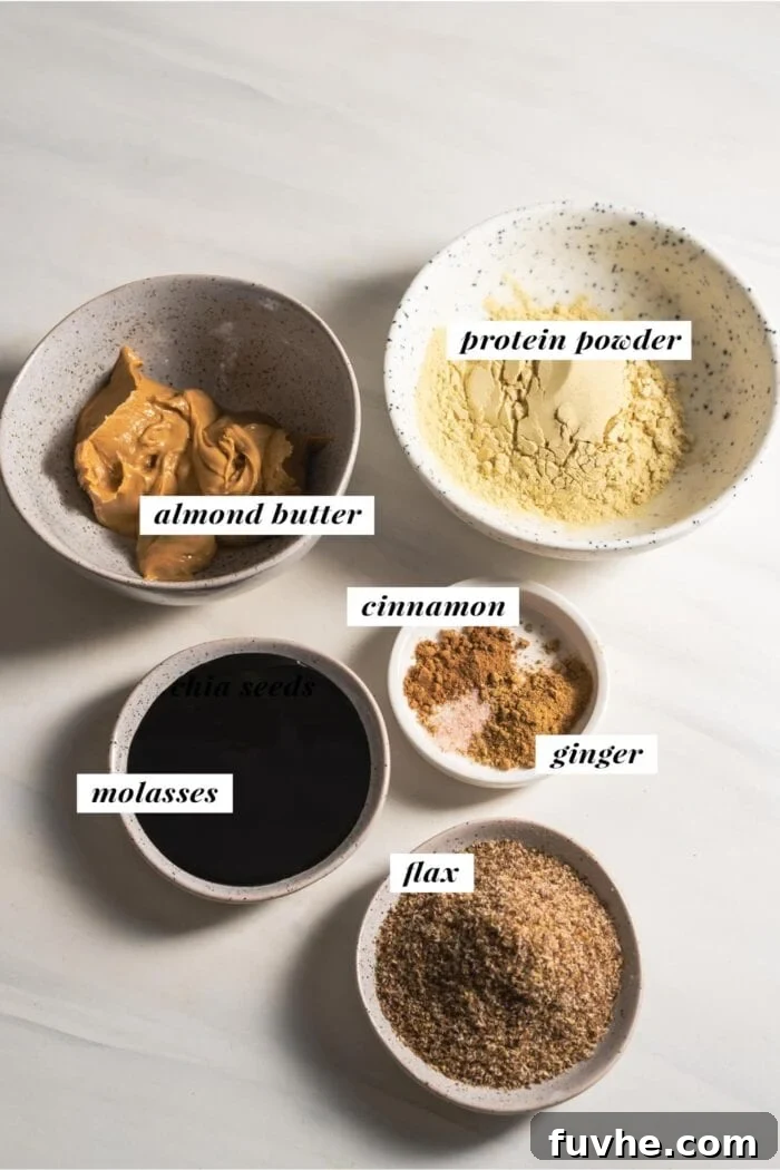 Visual list of ingredients needed for making gingerbread protein balls.