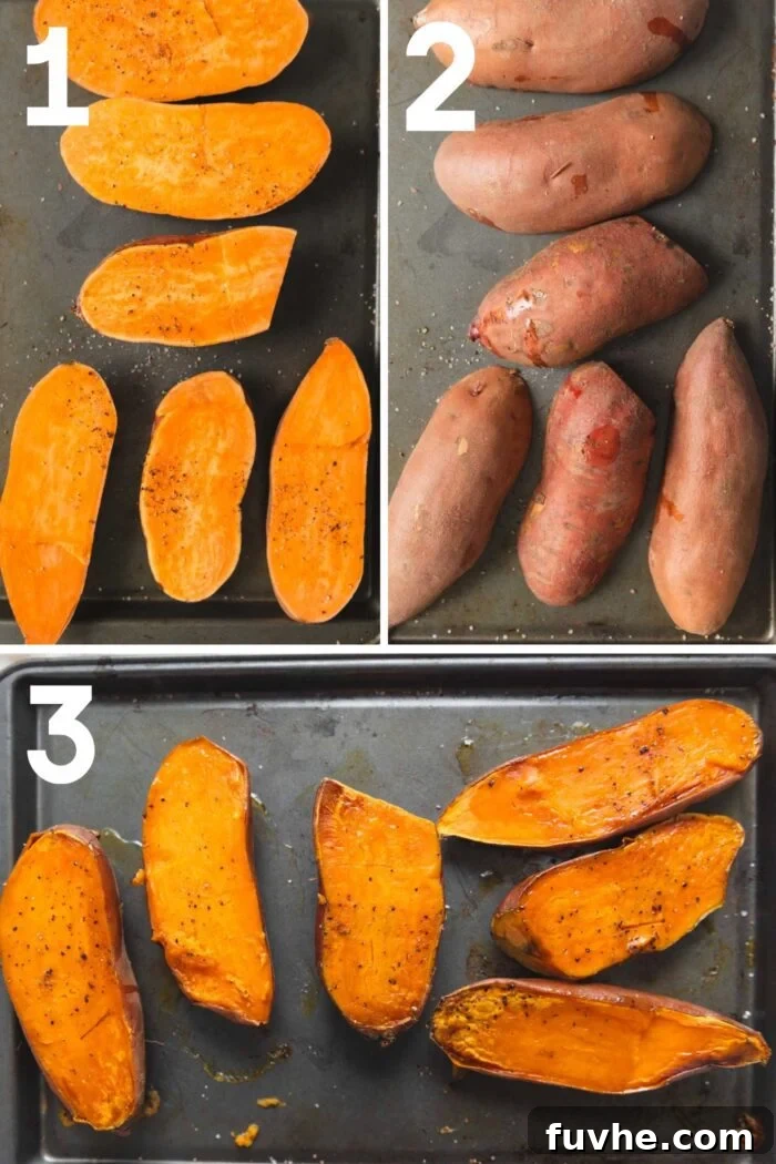 Collage showing sweet potatoes being sliced, seasoned, and roasted on a baking pan.