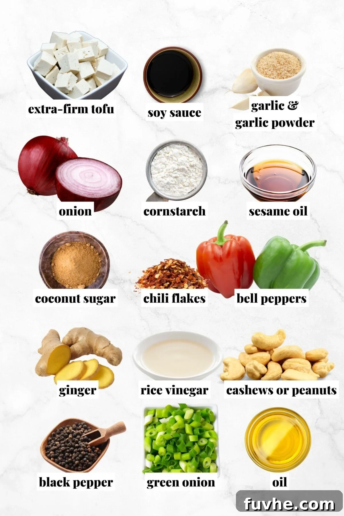 A vibrant collage showcasing all the fresh ingredients required to prepare a delicious vegan Kung Pao Tofu recipe, neatly arranged on a rustic wooden background.