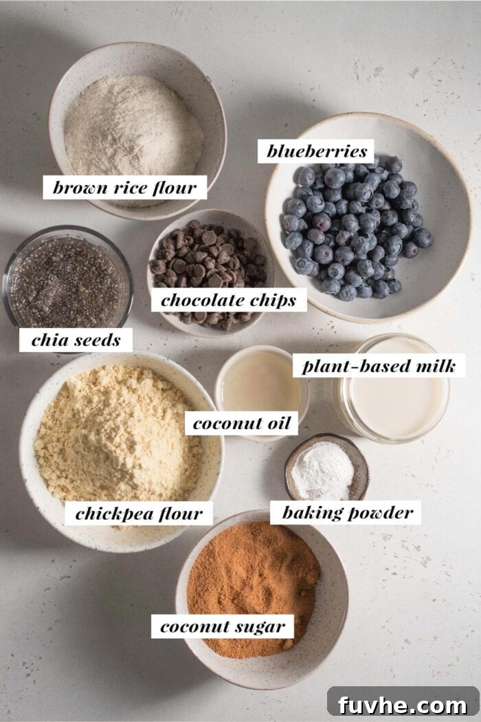 Visual of all ingredients needed for making vegan chickpea flour muffins.